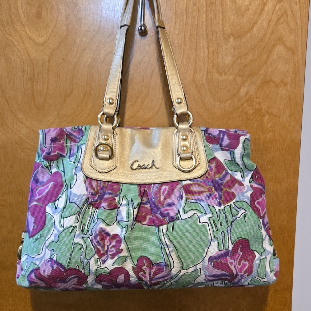 Coach Floral Shoulder Bag - Gold and Pink